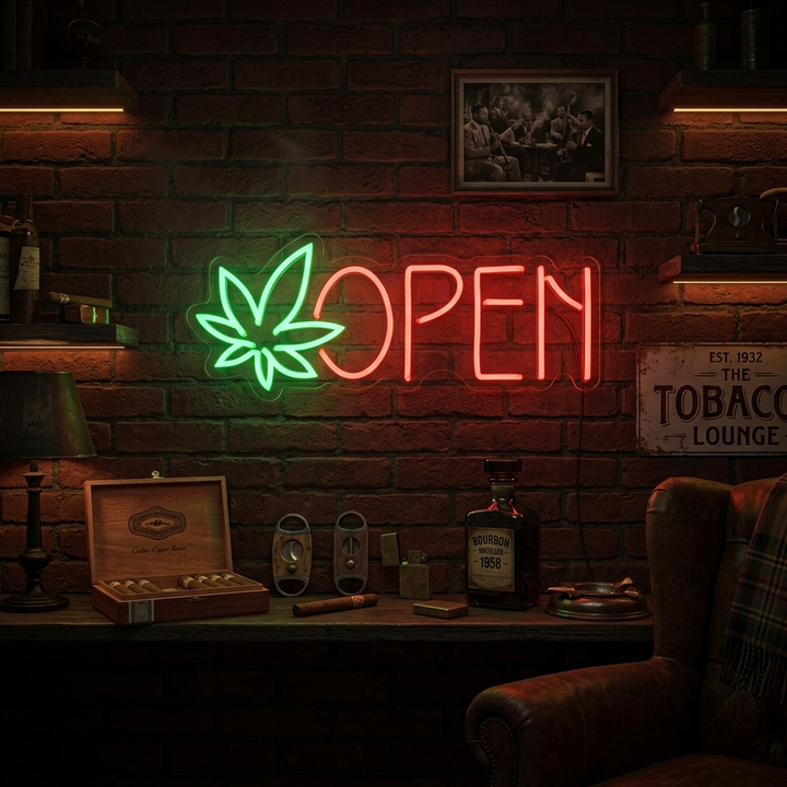 "open, dispensary, foglia di marijuana" Insegna al neon