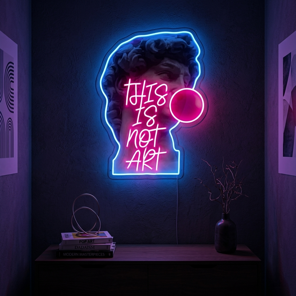 Neon LED pop art del David con scritta This Is Not Art