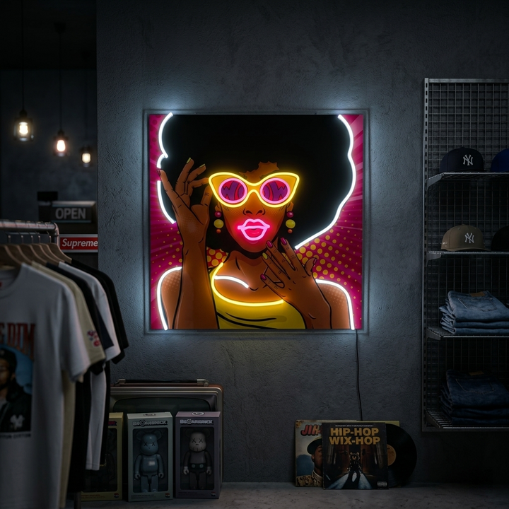 "Ragazza afroamericana degli anni '50, pop art" Insegna al neon a LED stampata con UV