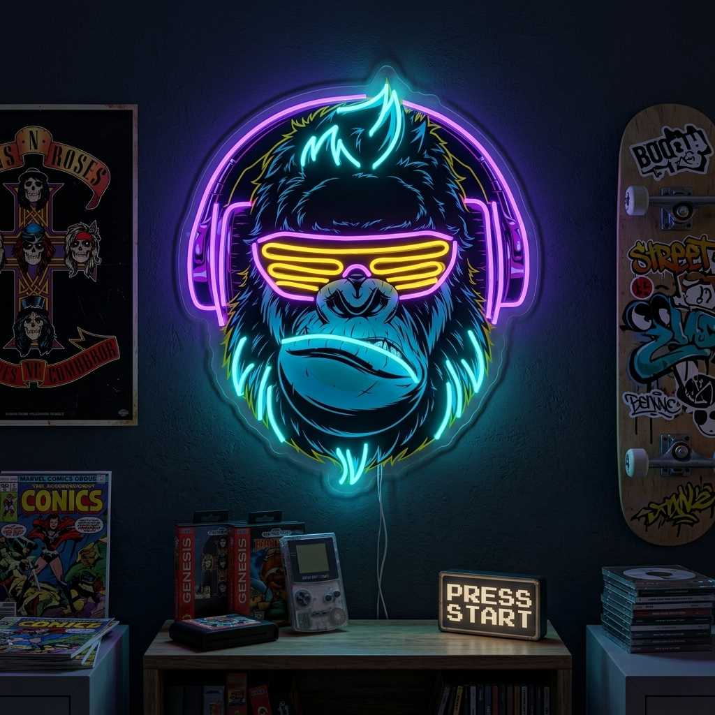 "Monkey cyberpunk con cuffia, decorazione della sala giochi" Insegna al neon a LED stampata con UV