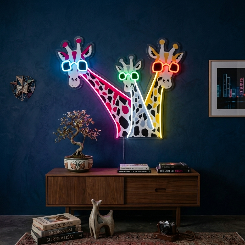 Insegna neon LED con tre giraffe colorate e occhiali luminosi