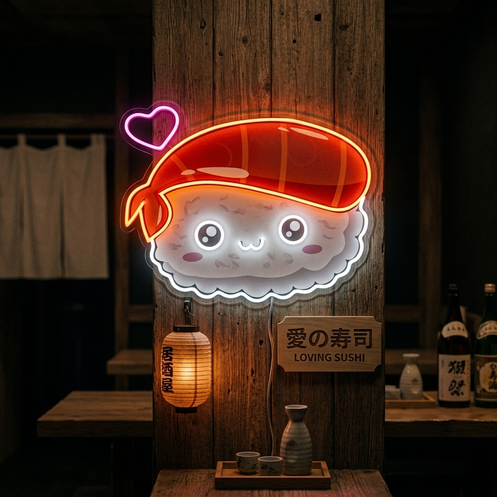 "Sushi kawaii, cibo giapponese" Insegna al neon a LED stampata con UV