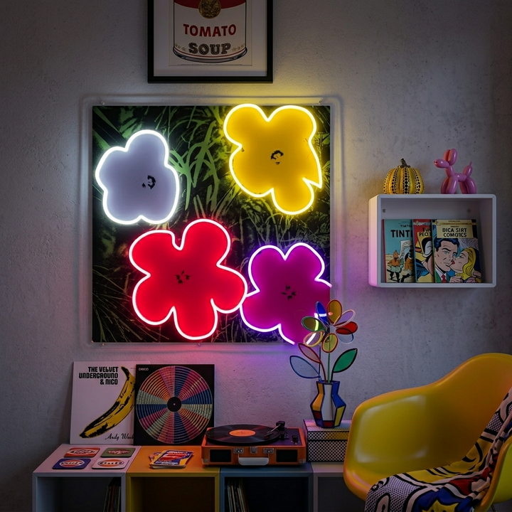 "Pop art in bloom, famosi fiori dell'artista" Insegna al neon a LED stampata con UV