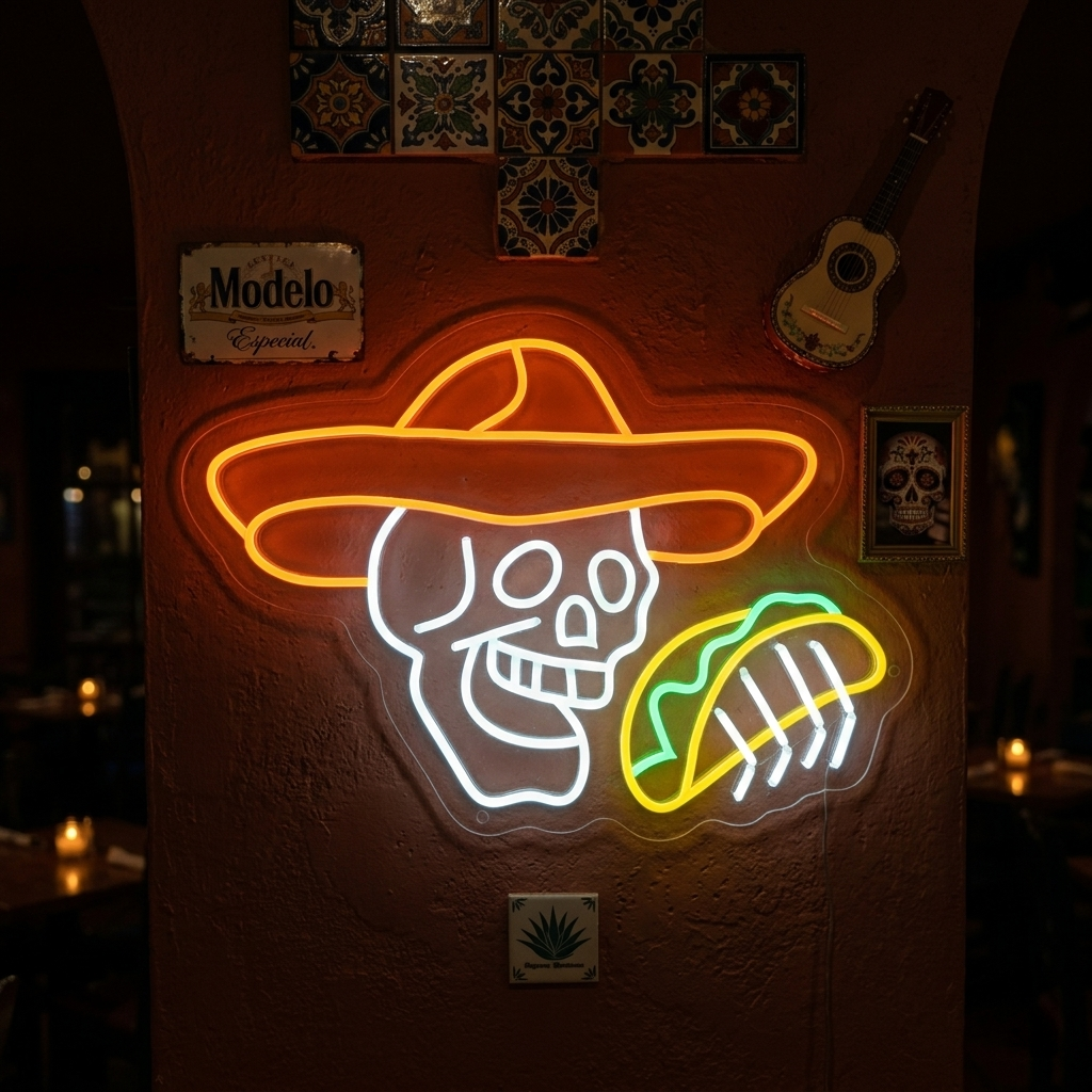 "Teschio con tacos" Insegna al neon