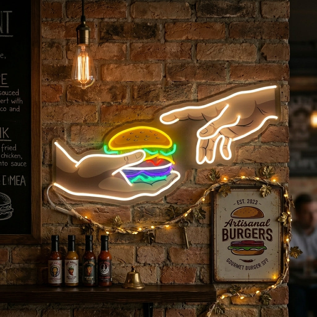 "Mani con l'hamburger" Insegna al neon