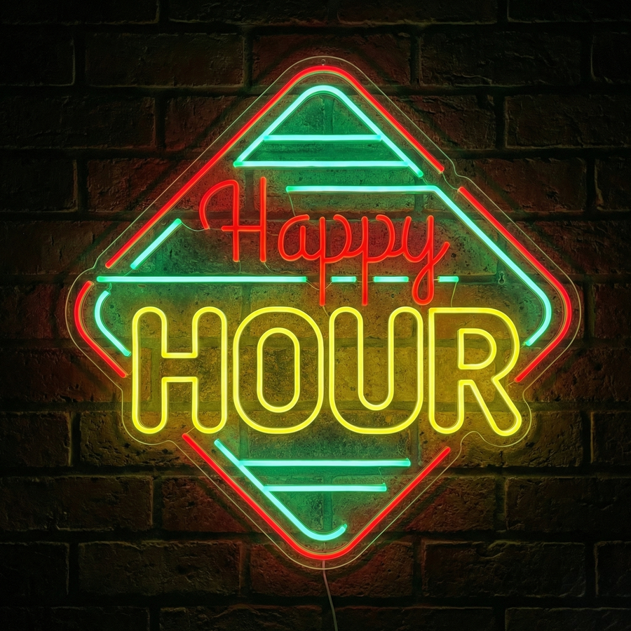 Insegna neon Happy Hour verde e gialla per bar
