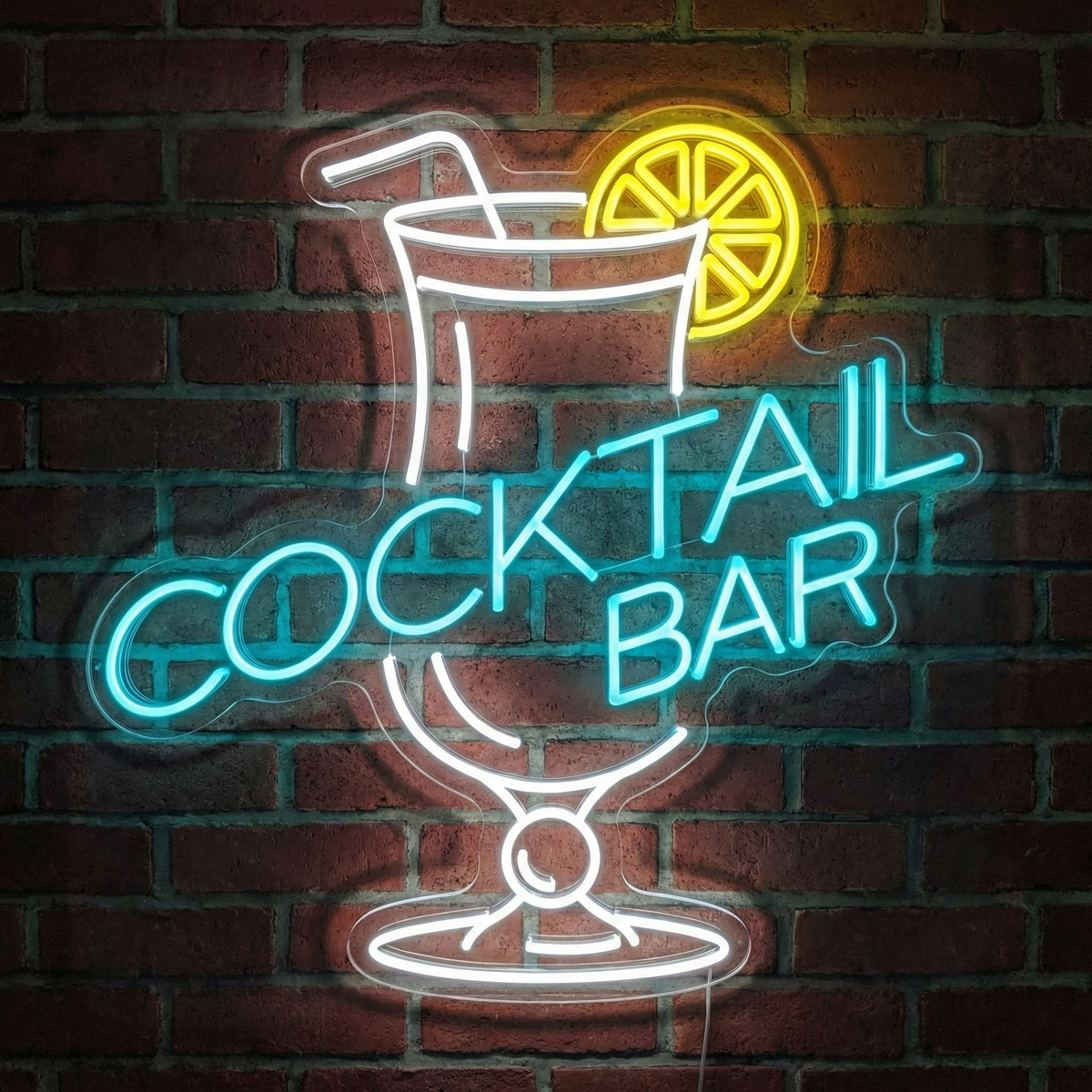 Insegna neon Cocktail Bar con bicchiere e limone