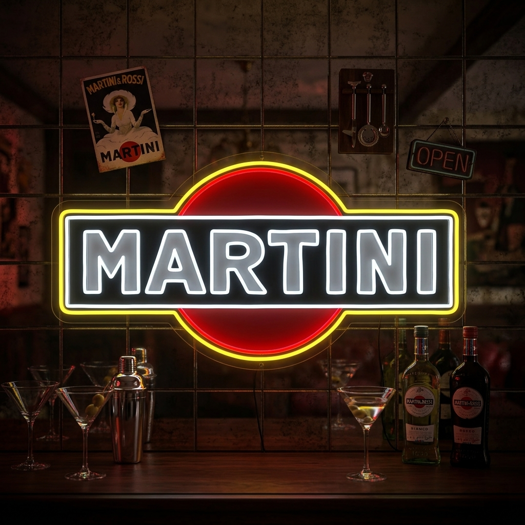 Insegna neon logo Martini rosso e giallo