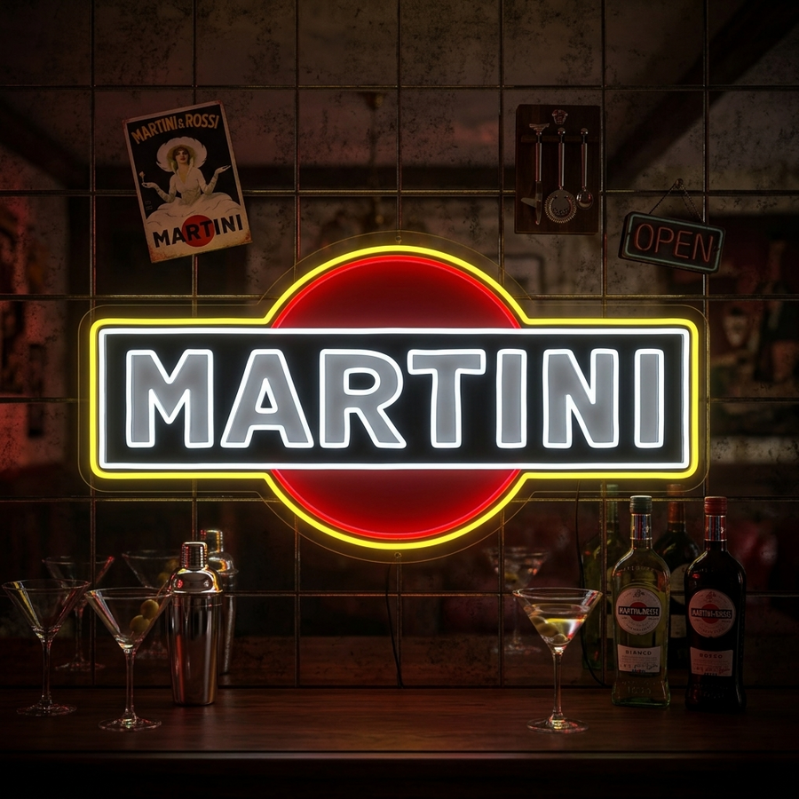 Insegna neon logo Martini rosso e giallo