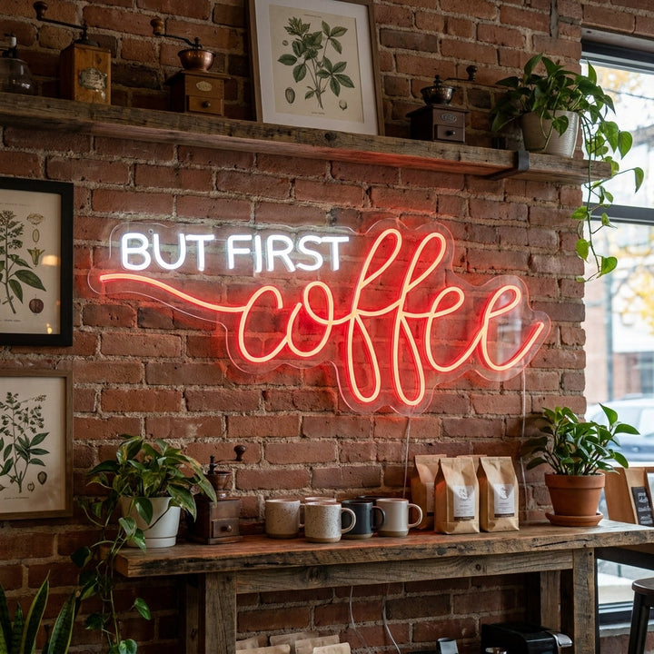 Insegna neon LED “But First Coffee” bianca e rossa
