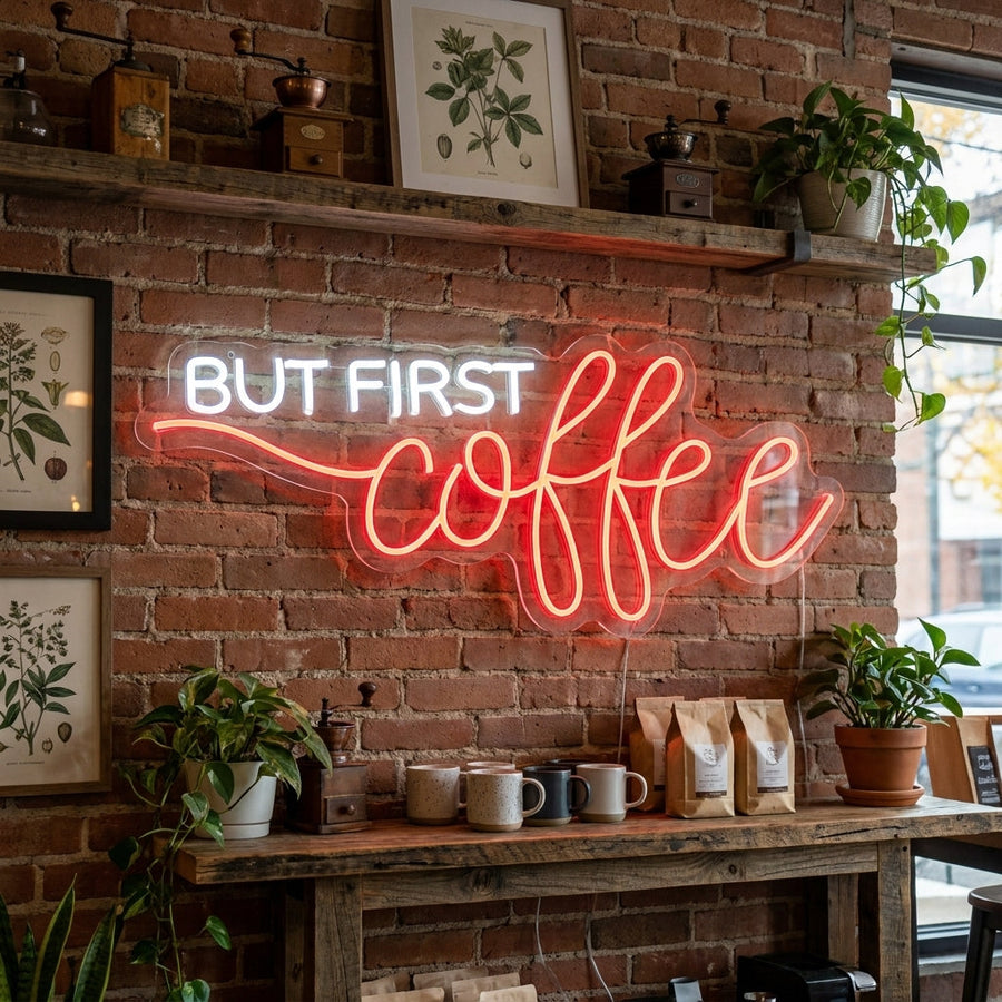 Insegna neon LED “But First Coffee” bianca e rossa