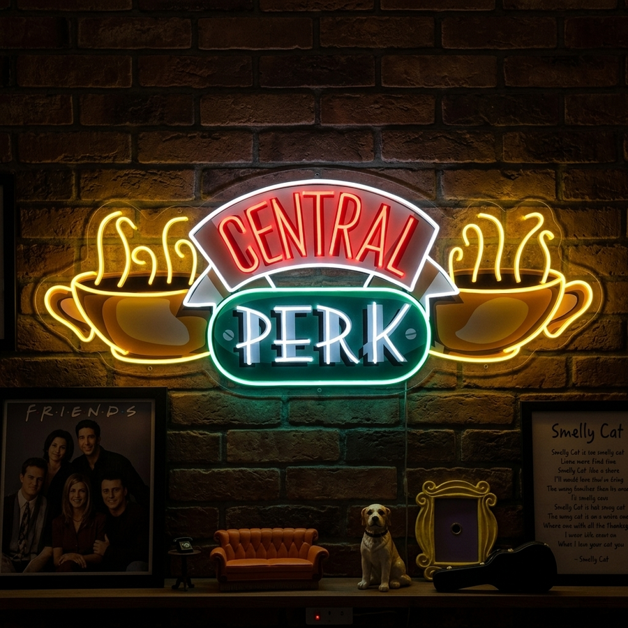 Insegna neon LED Central Perk con tazze gialle e scritte colorate