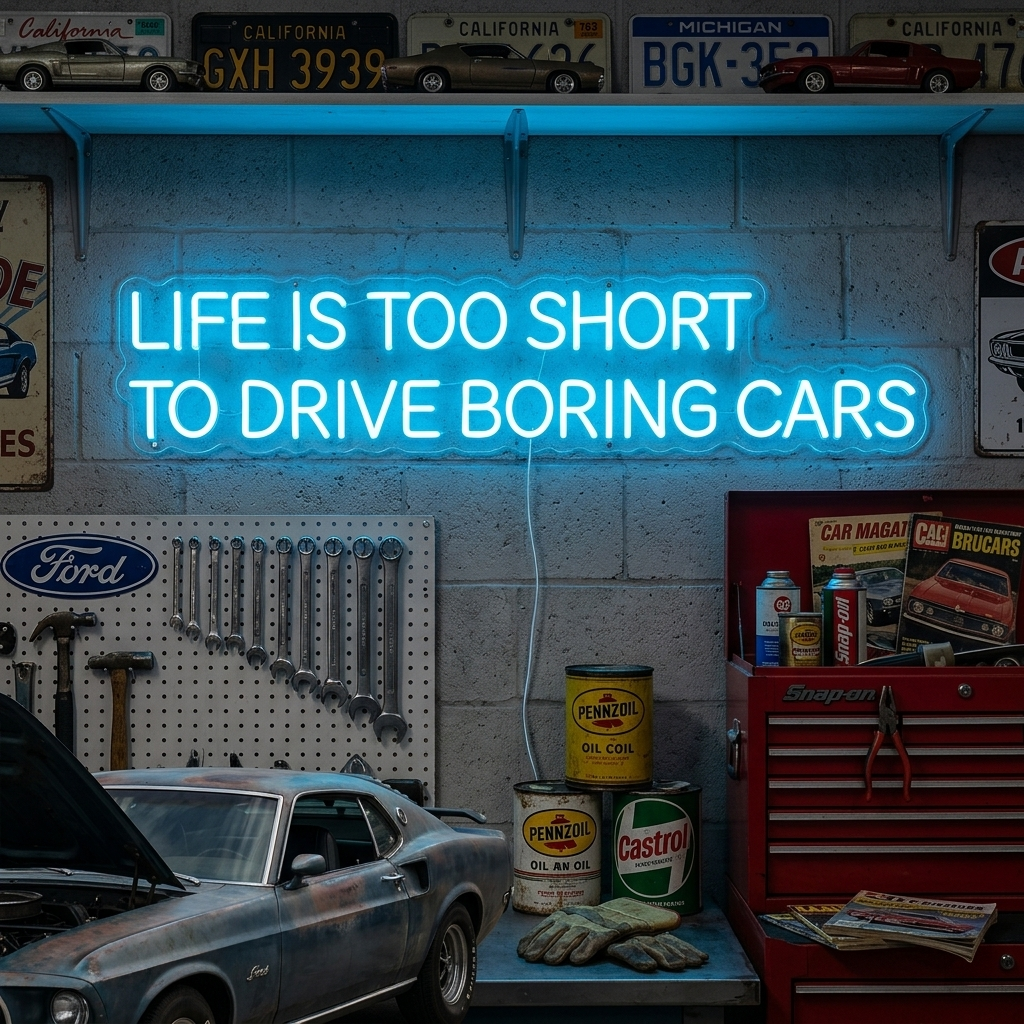 "Life Is Too Short To Drive Boring Cars" Insegna al neon