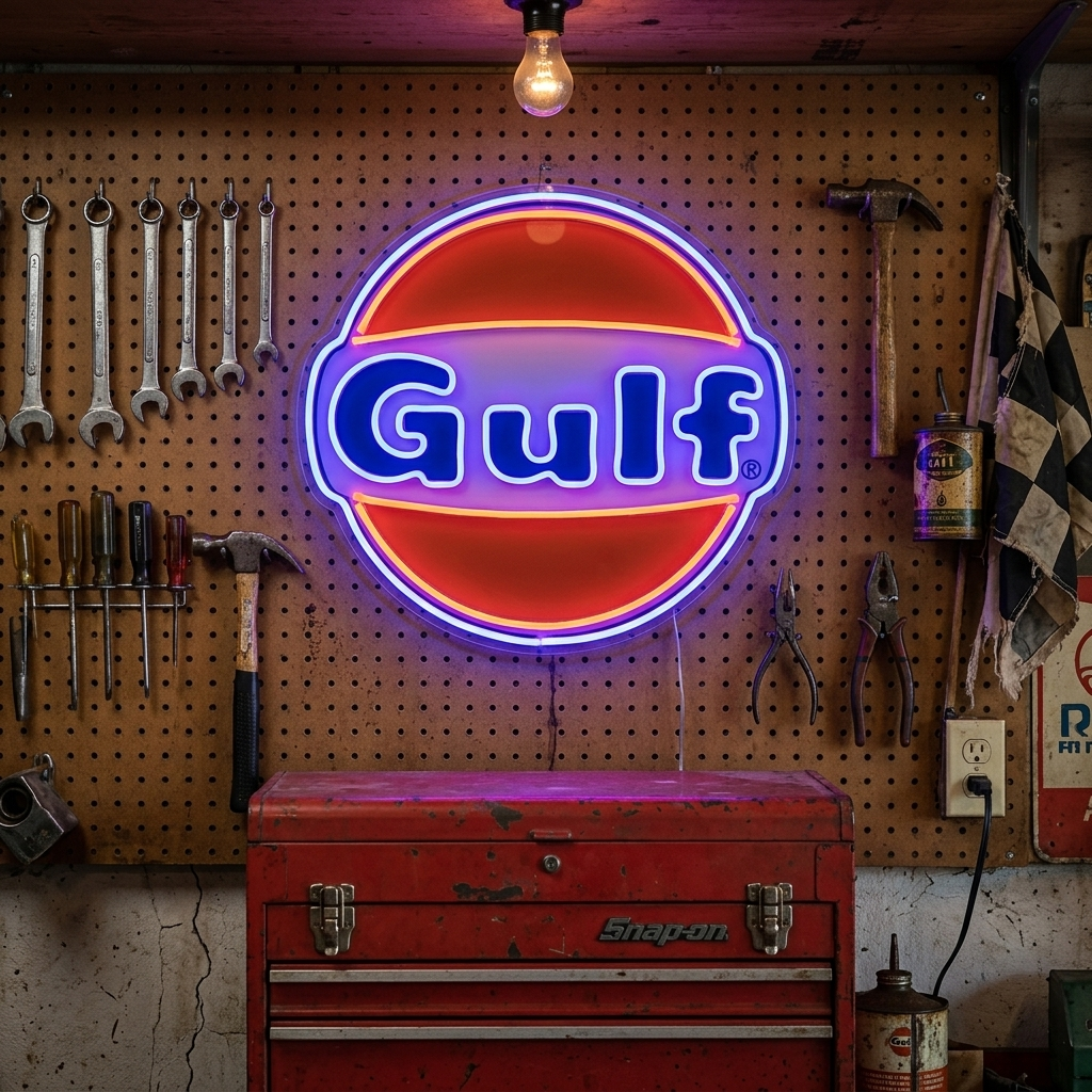 Logo Gulf arancione e blu in insegna neon LED per garage