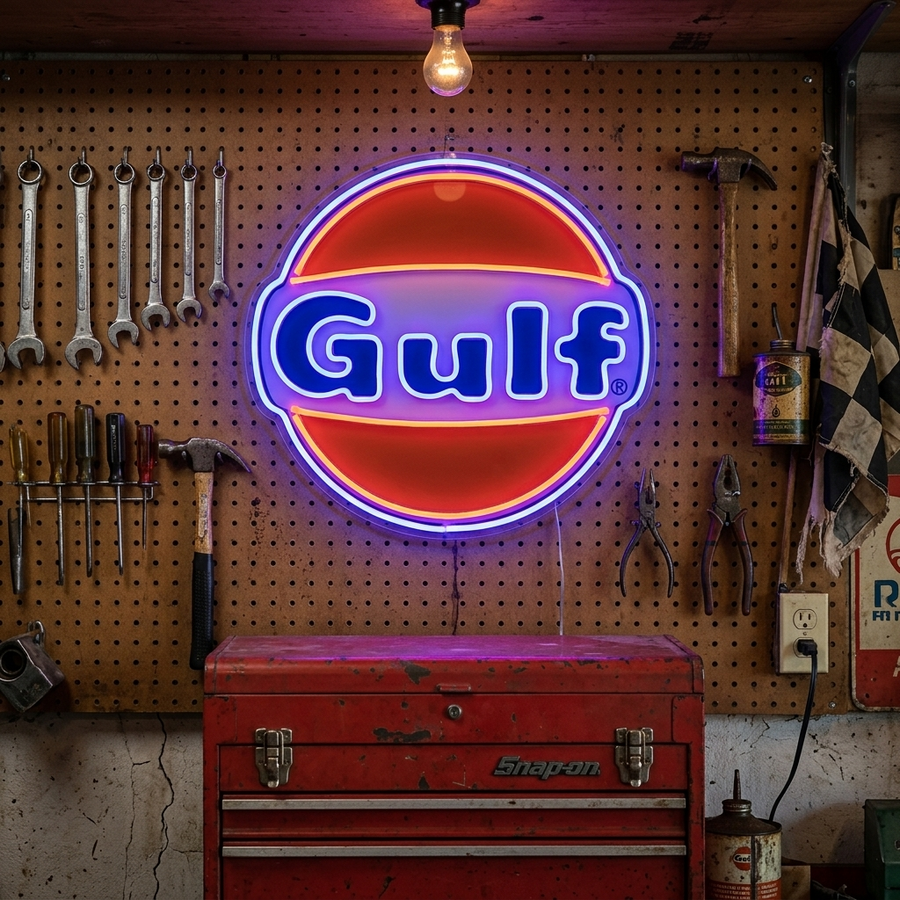 Logo Gulf arancione e blu in insegna neon LED per garage