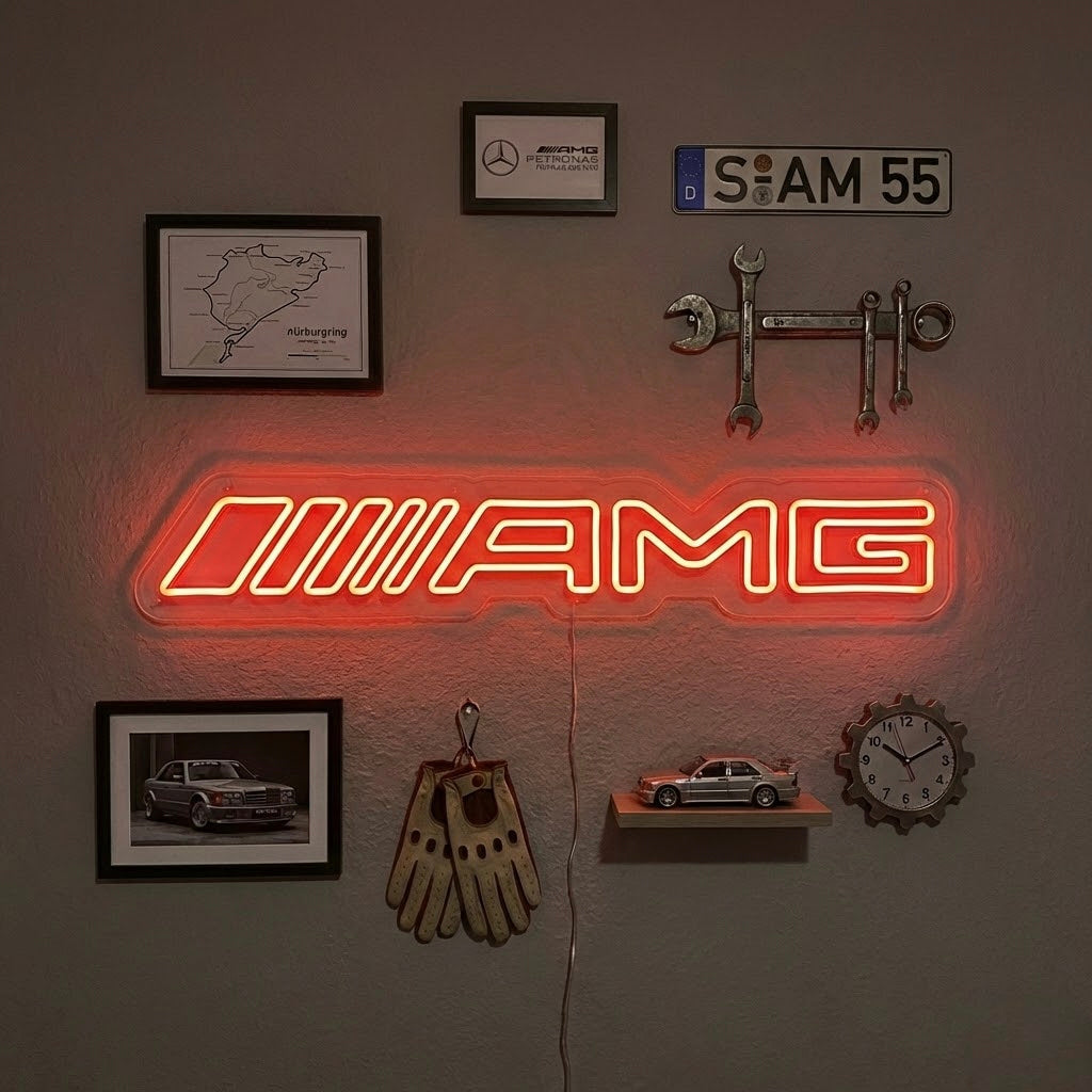 Insegna neon LED rossa Mercedes AMG per garage