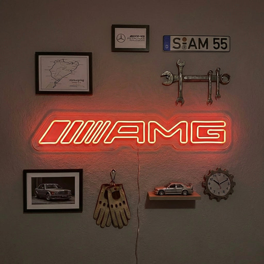 Insegna neon LED rossa Mercedes AMG per garage