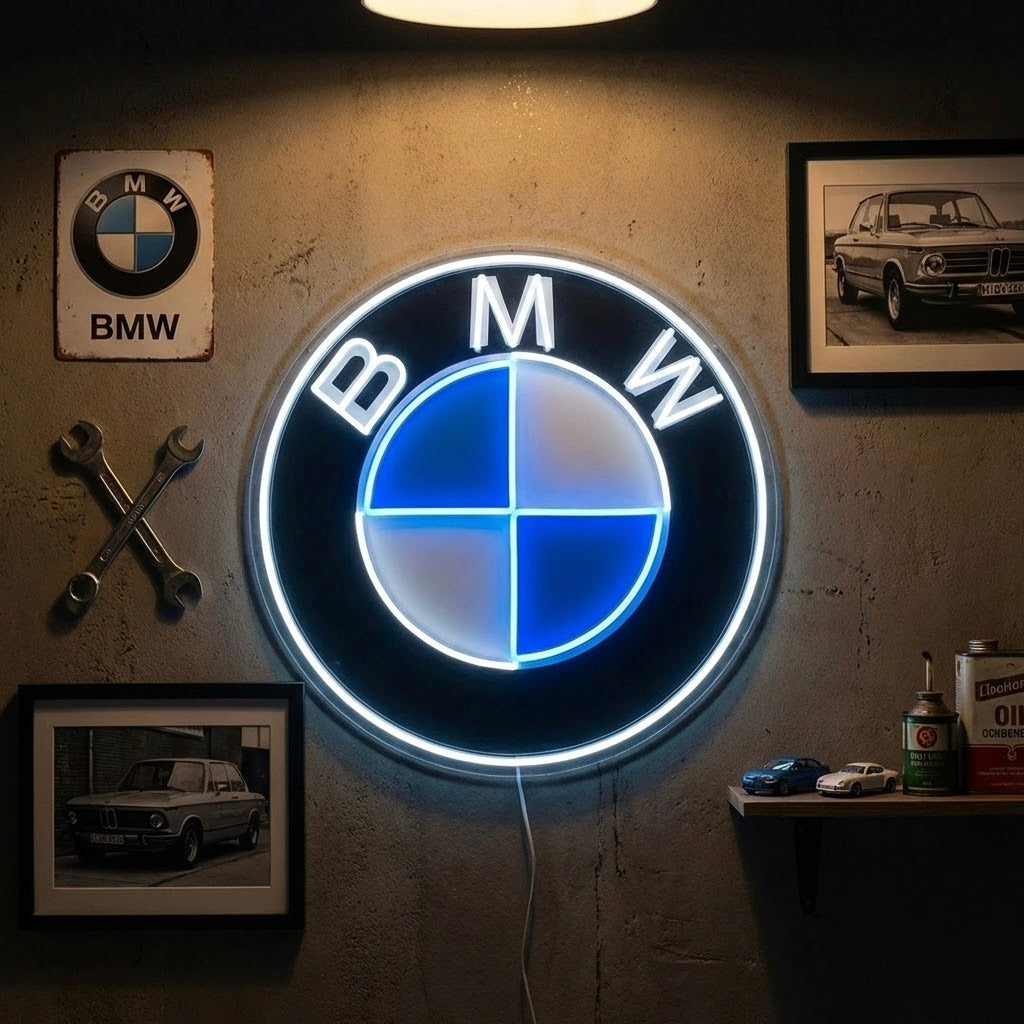 Logo BMW bianco e blu in insegna neon LED