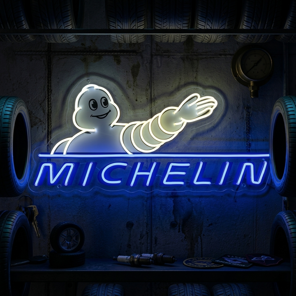 Logo Michelin con Bibendum in neon LED blu e bianco
