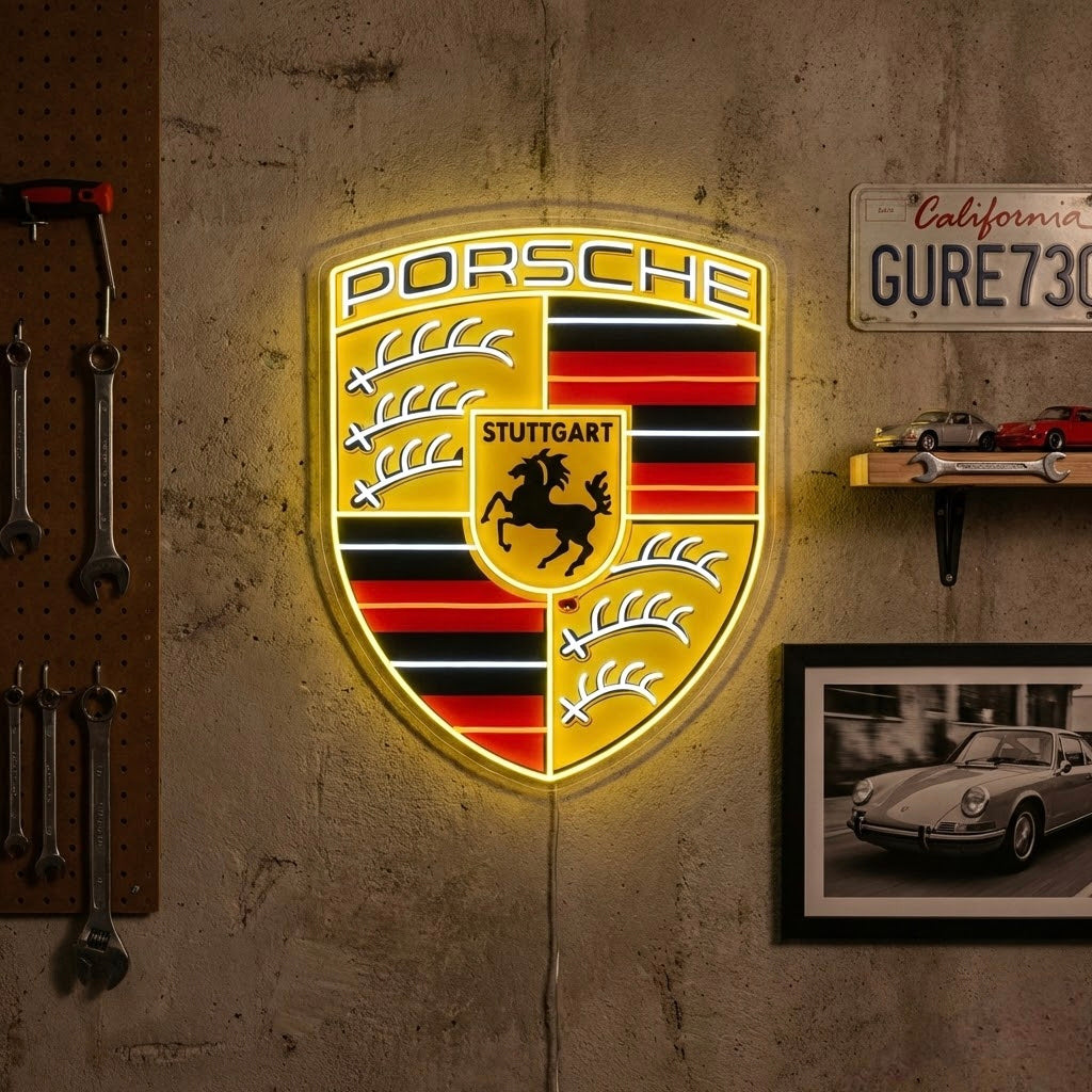 Stemma Porsche giallo e rosso in insegna neon LED