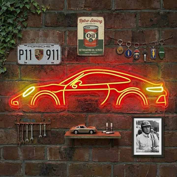 Insegna neon LED rossa con profilo di auto sportiva