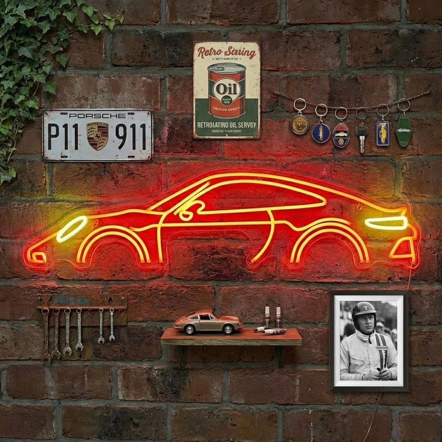 Insegna neon LED rossa con profilo di auto sportiva