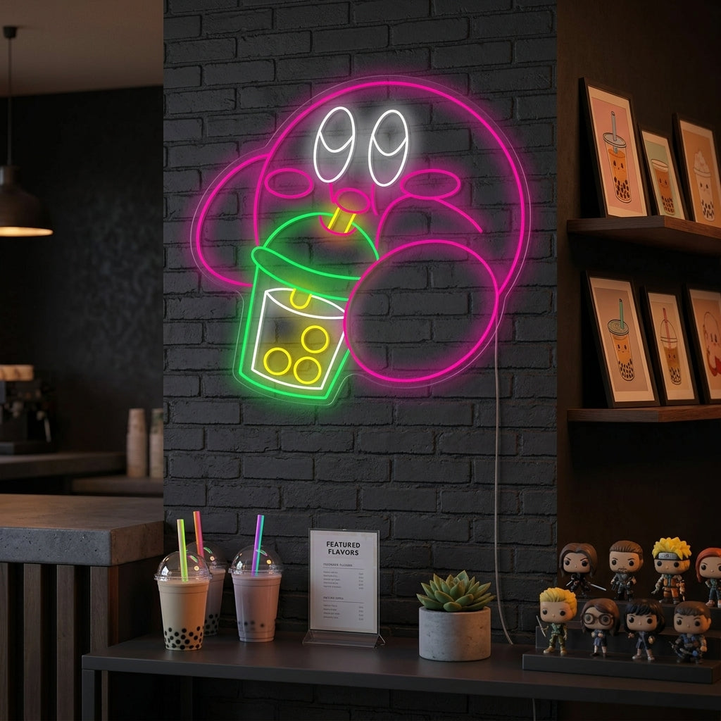 "Kirby che beve il tè Boba" Insegna al neon