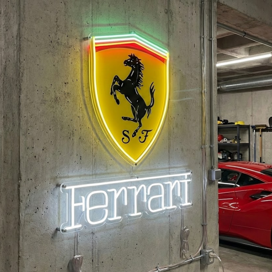 Insegna neon LED del logo Ferrari con Scudetto giallo