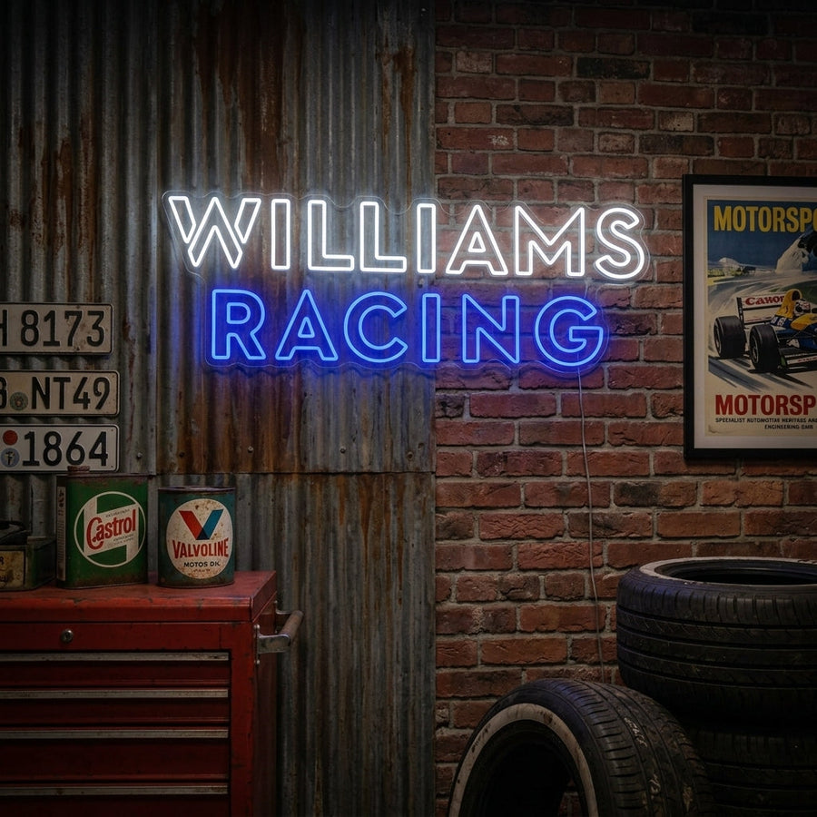 Insegna neon LED Williams Racing con scritta bianca e blu
