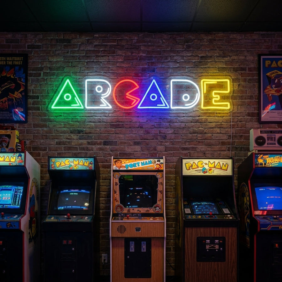 Insegna neon LED multicolore con scritta Arcade
