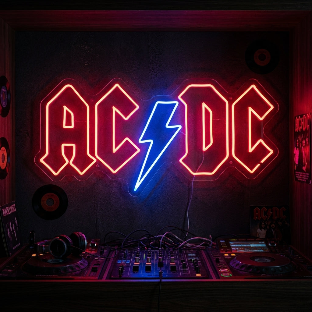 Insegna neon LED del logo AC/DC rosso con fulmine blu