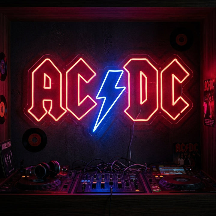 Insegna neon LED del logo AC/DC rosso con fulmine blu