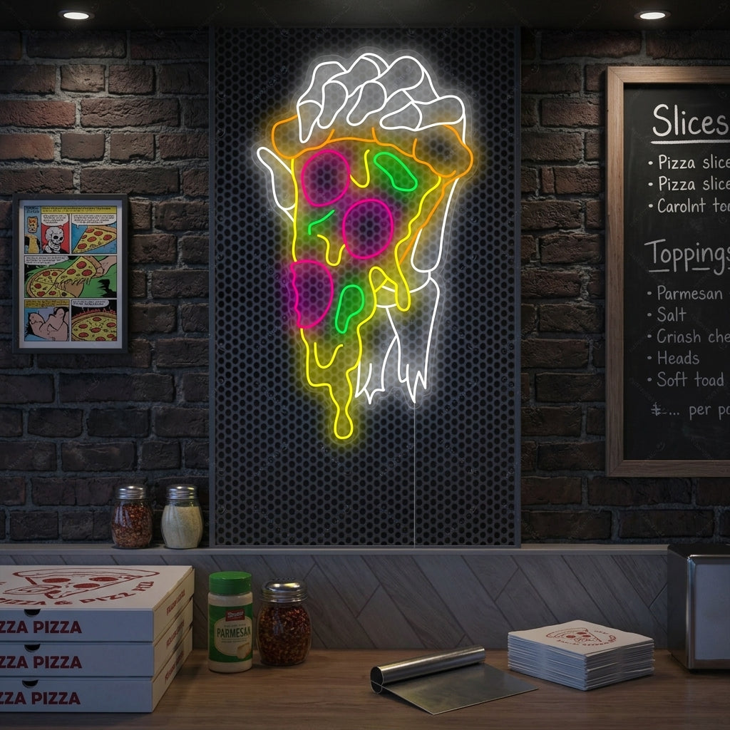 "Mano scheletrica che tiene la pizza" Insegna al neon