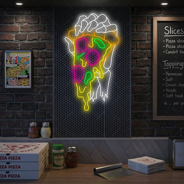 "Mano scheletrica che tiene la pizza" Insegna al neon