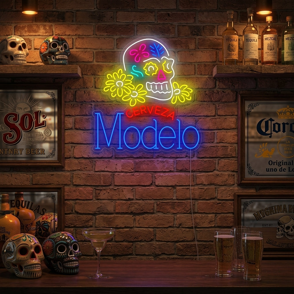 "Teschio di Cerveza Modelo" Insegna al neon