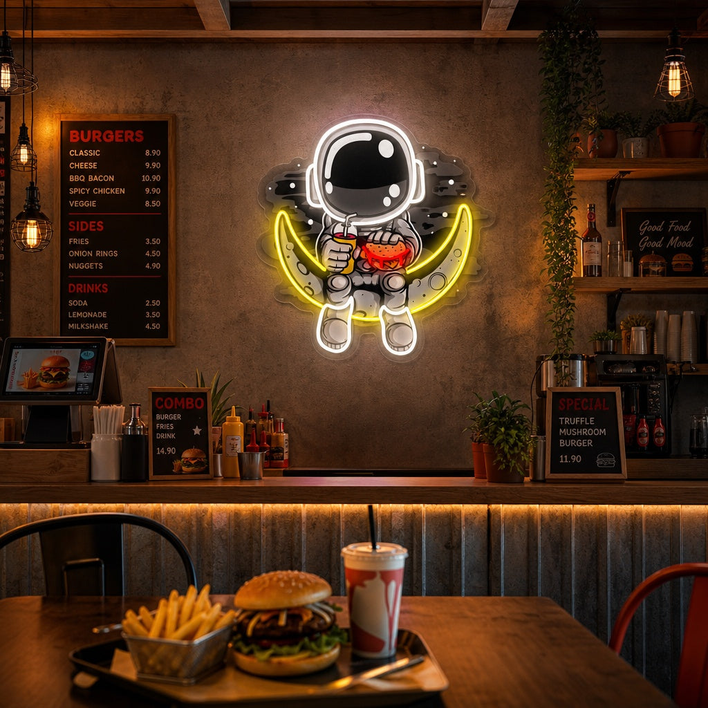 "Burger di luna astronauta, logo fast food" Insegna al neon a LED stampata con UV