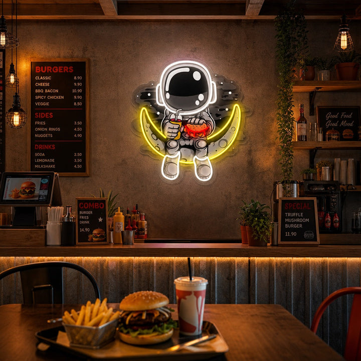 "Burger di luna astronauta, logo fast food" Insegna al neon a LED stampata con UV