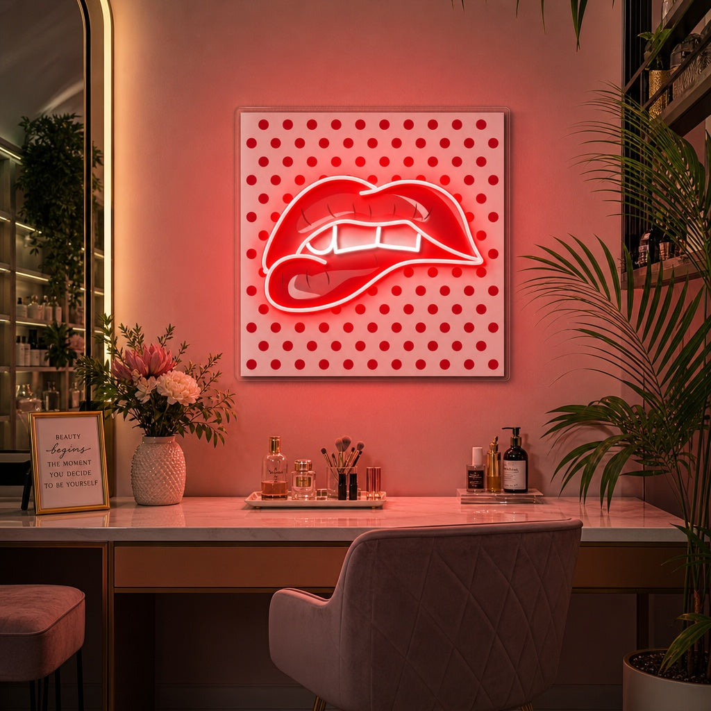 "Mordendosi le labbra rosse" Insegna al neon a LED stampata con UV