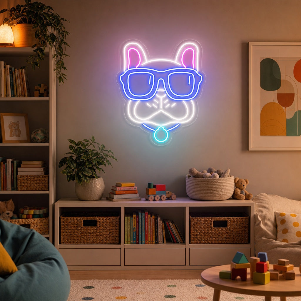 "Bulldog, Occhiali" Insegna al neon