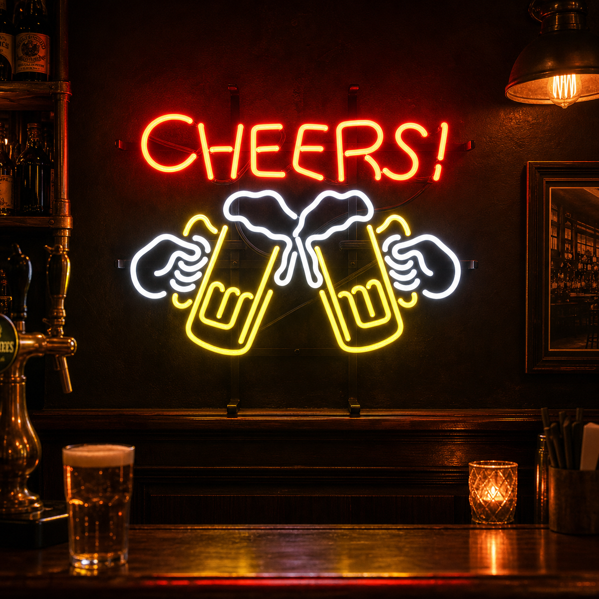 Insegna al neon LED Cheers con due boccali di birra che brindano