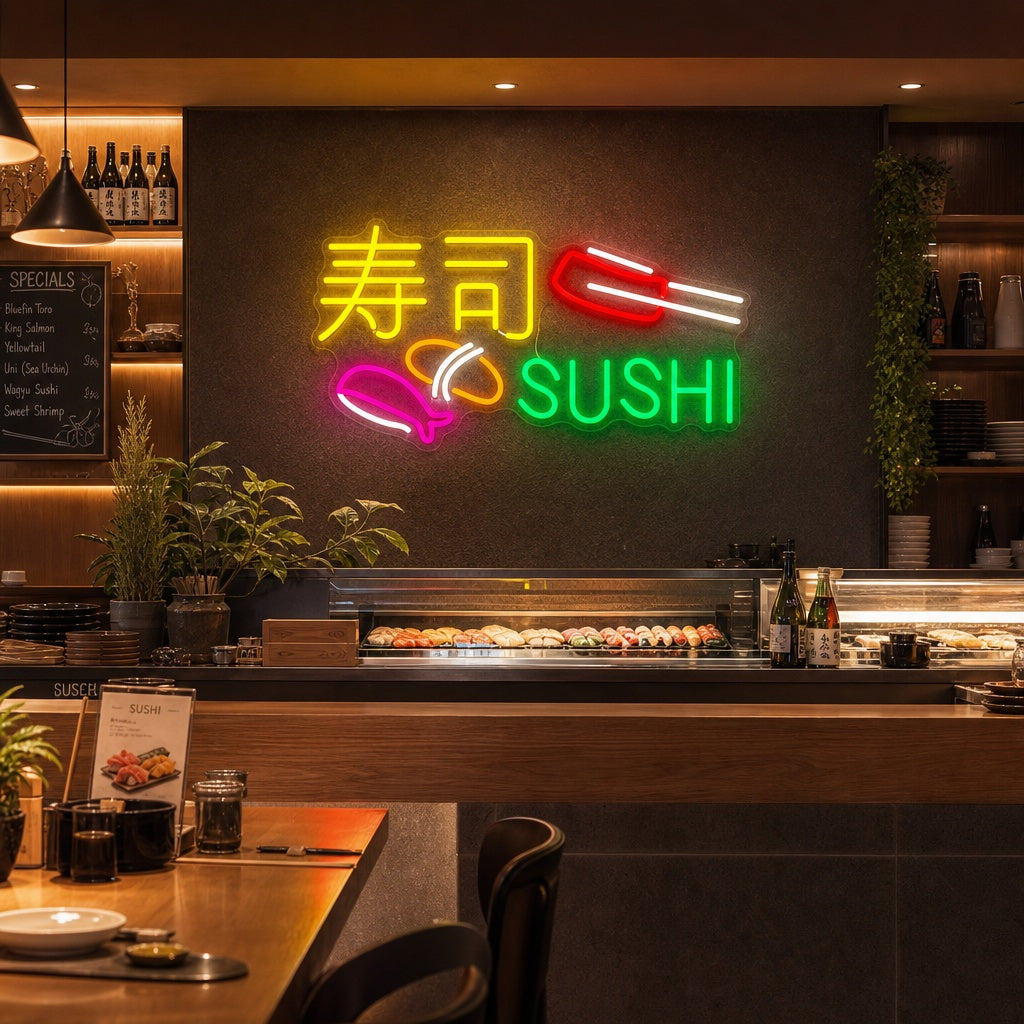 Sushi e Sashimi Insegna al neon, Decorazione ristorante giapponese