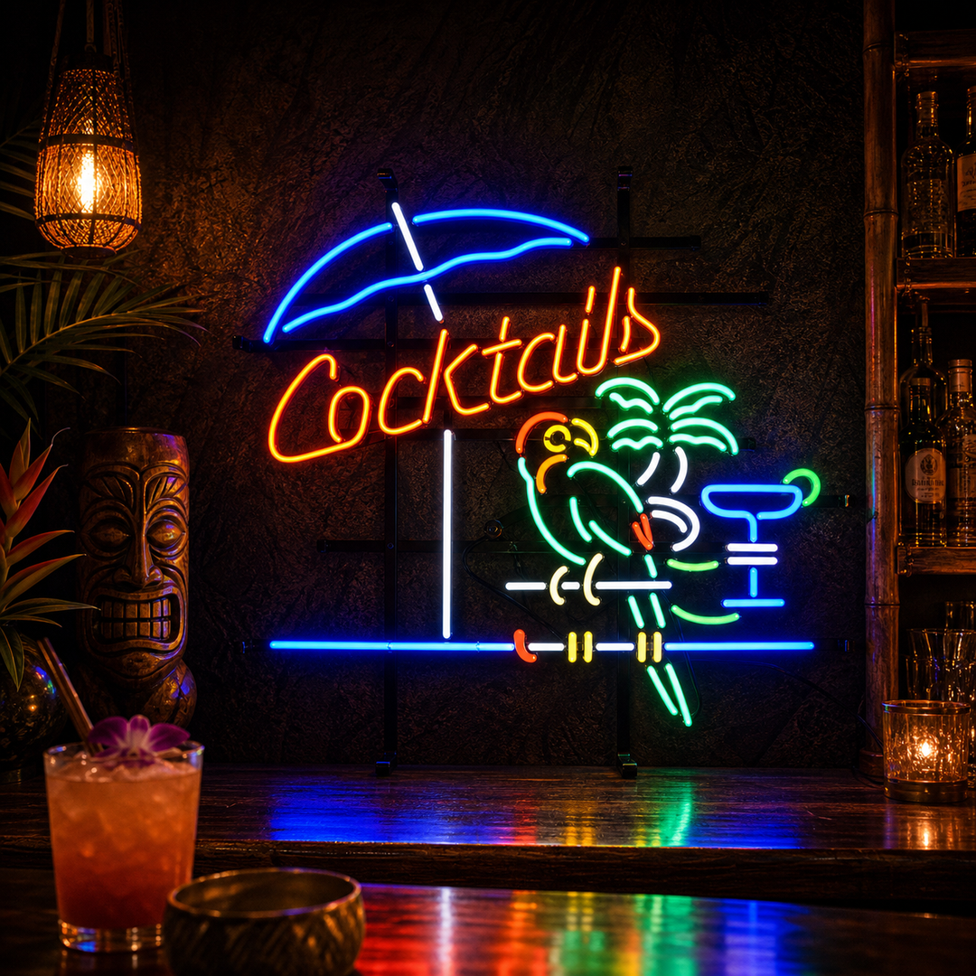 Insegna al neon LED Cocktails con ombrellone e scena tropicale