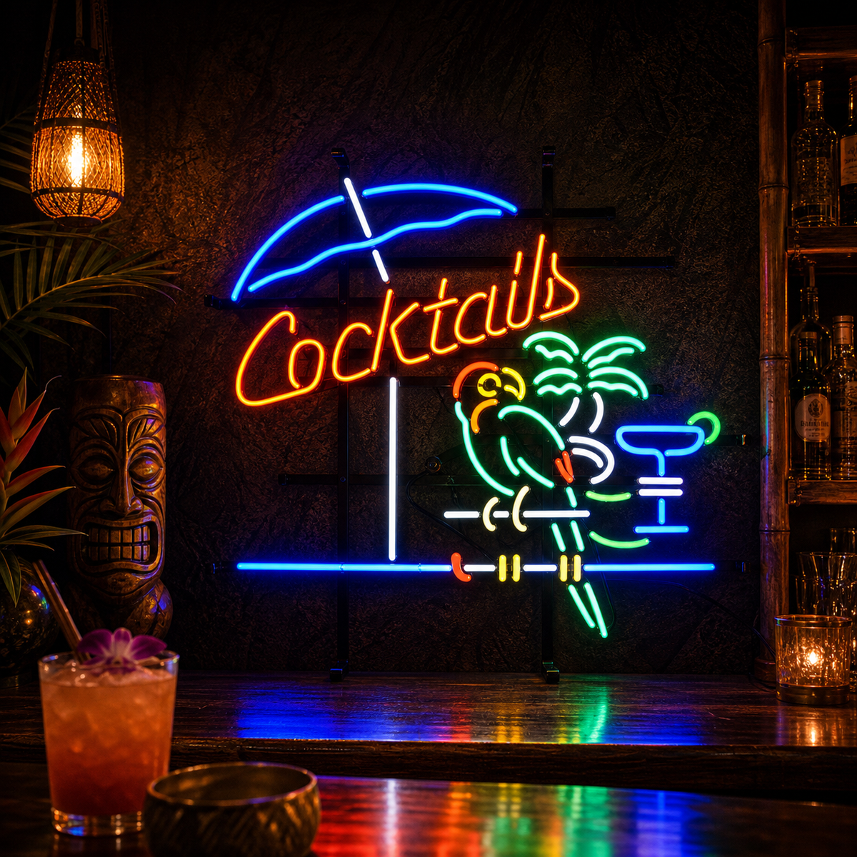 Insegna al neon LED Cocktails con ombrellone e scena tropicale