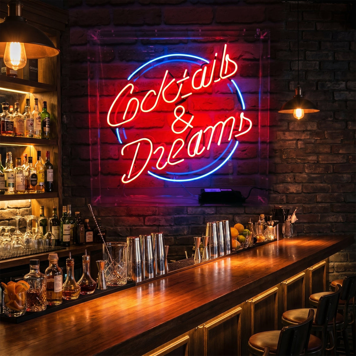 Insegna al neon LED rossa e blu con la scritta Cocktails & Dreams