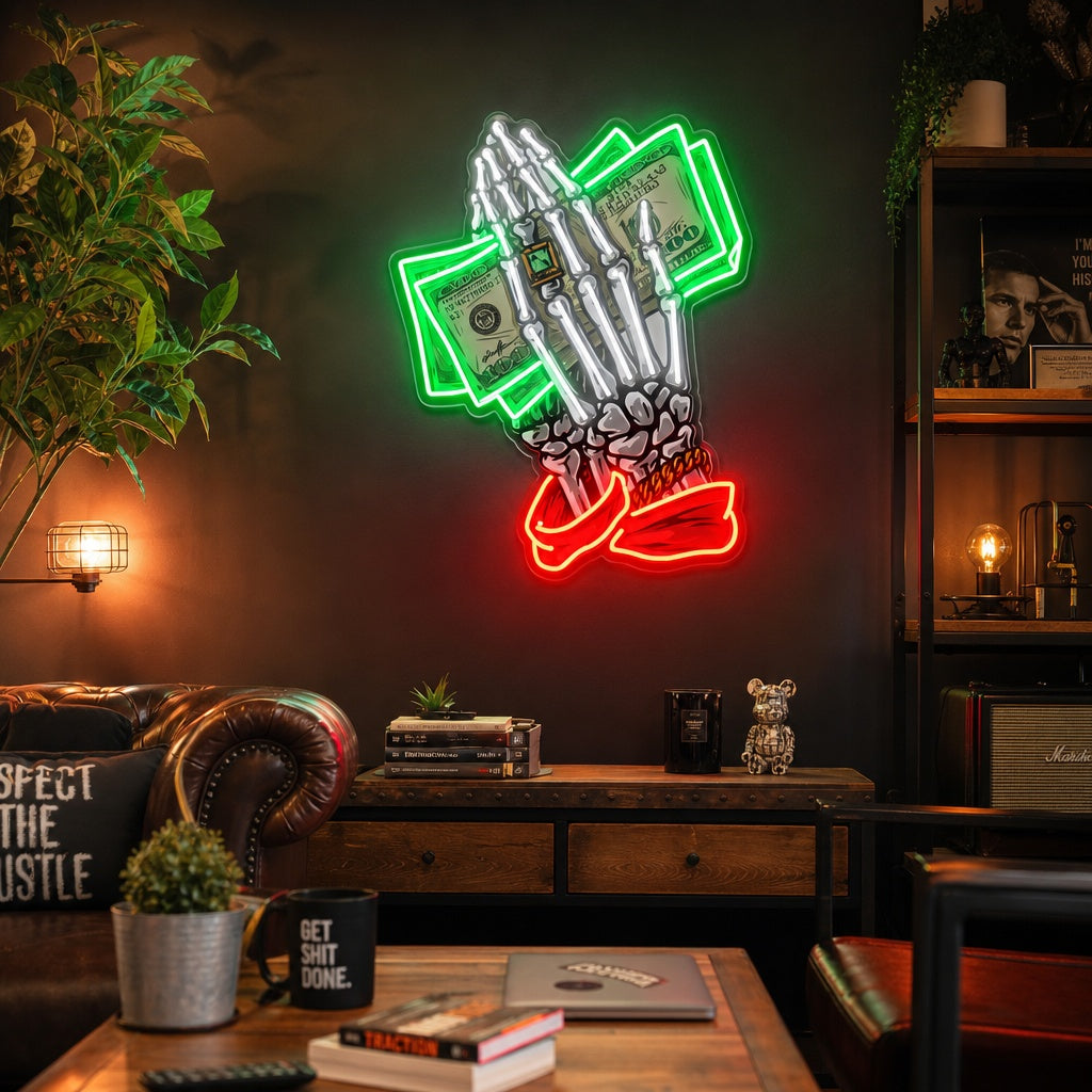 "Soldi colorati con mani scheletriche con banconote in dollari" Insegna al neon a LED stampata con UV