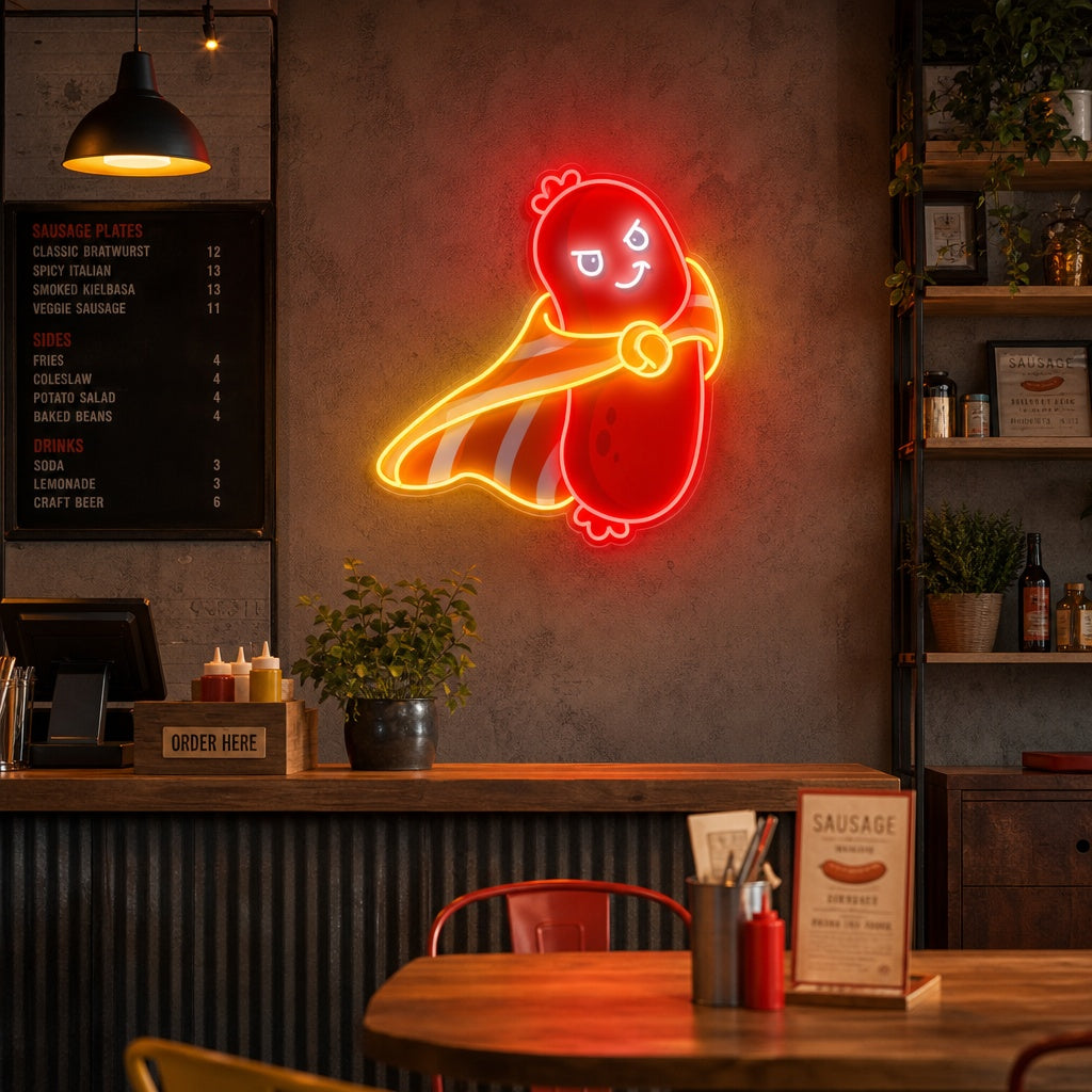 "Superero, cibo, ristorante di salsiccia carina" Insegna al neon a LED stampata con UV