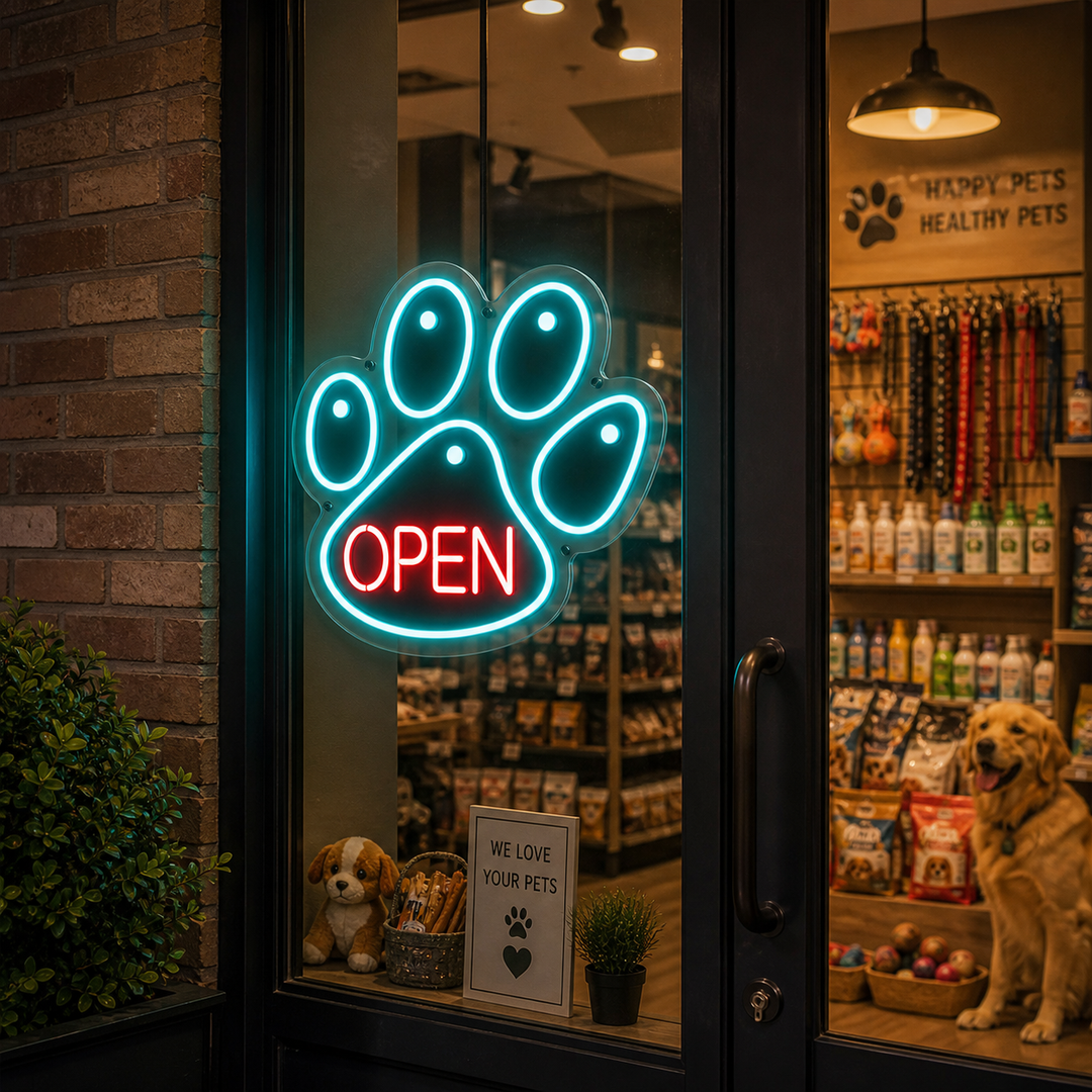 "Artiglio Di Cane, Animale Domestico, Negozio Di Cure Veterinarie Per Cani, Logo Aperto" Insegna al neon