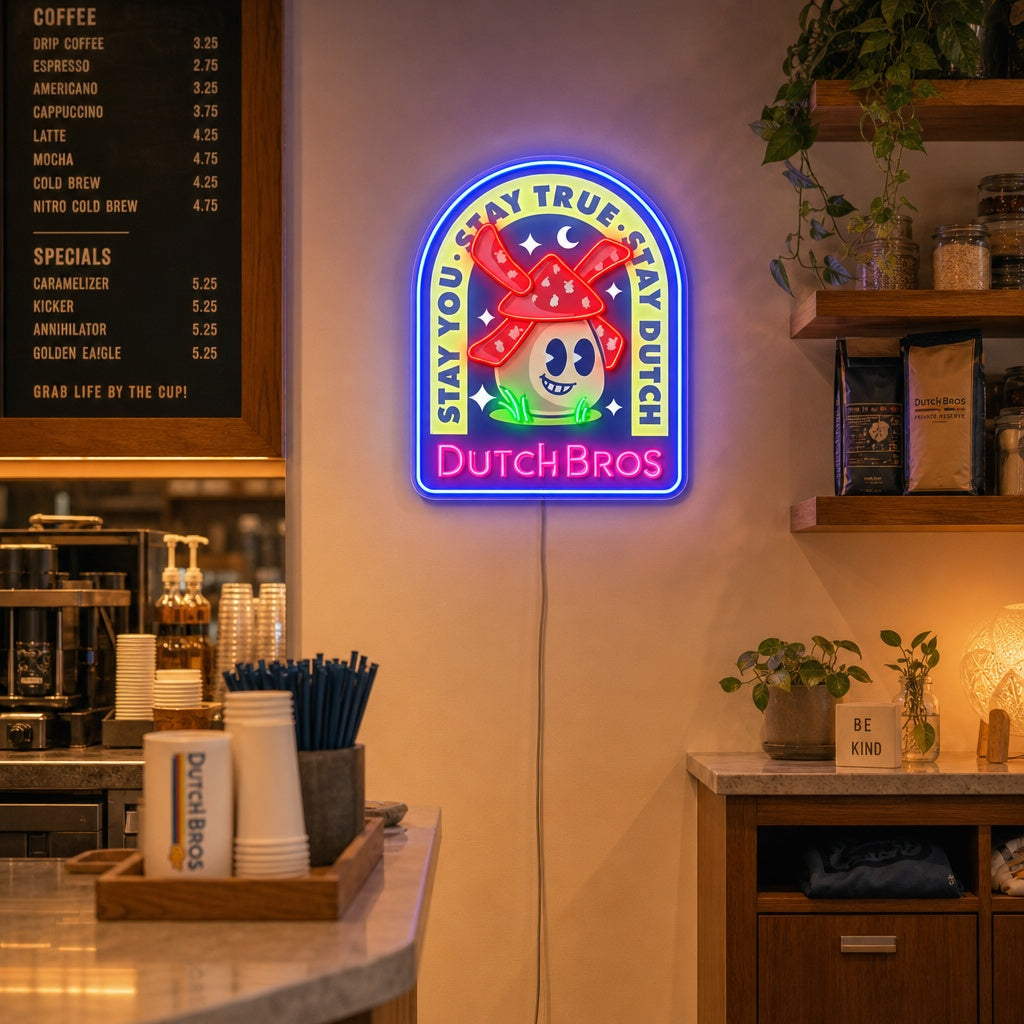 "Dutch Coffee, mulini a vento" Insegna al neon a LED stampata con UV