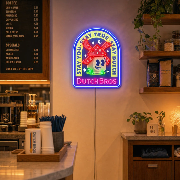 "Dutch Coffee, mulini a vento" Insegna al neon a LED stampata con UV