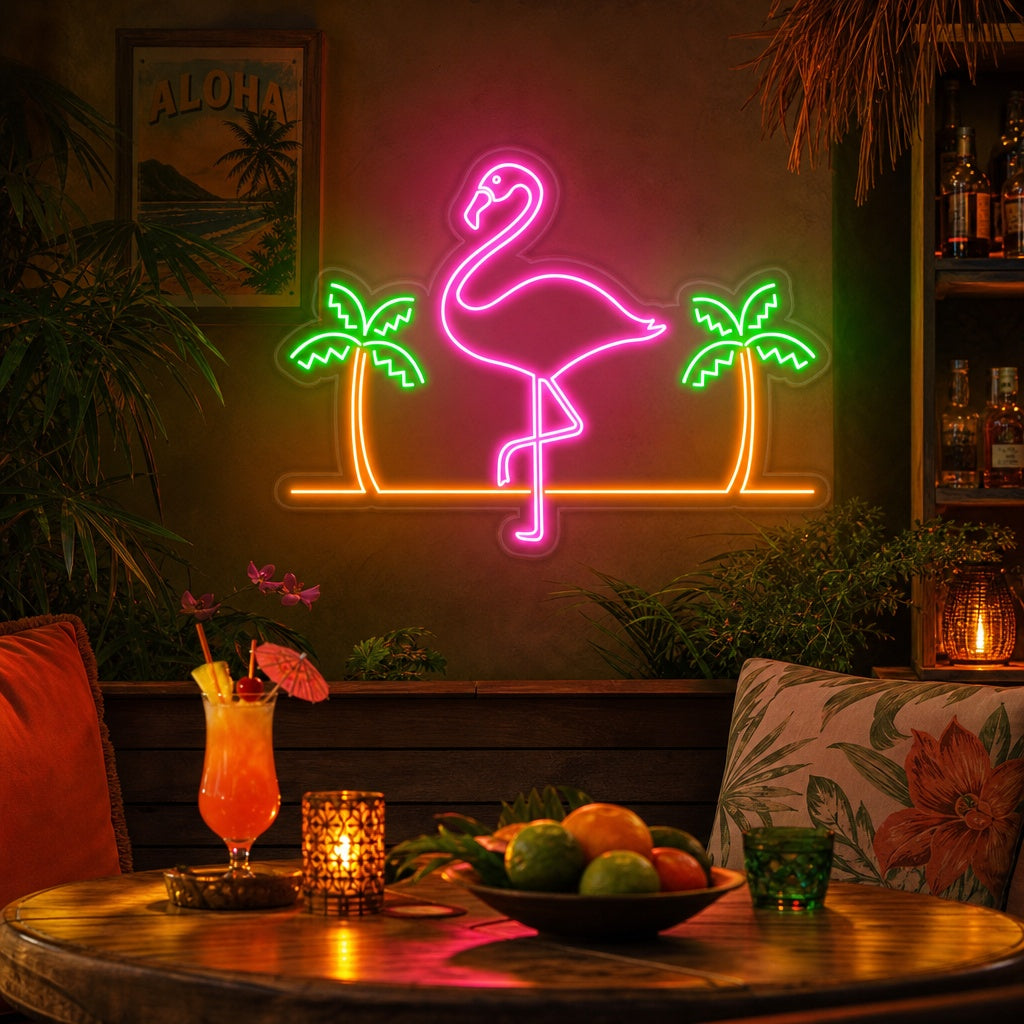 "Fenicottero, Palme, Bar" Insegna al neon